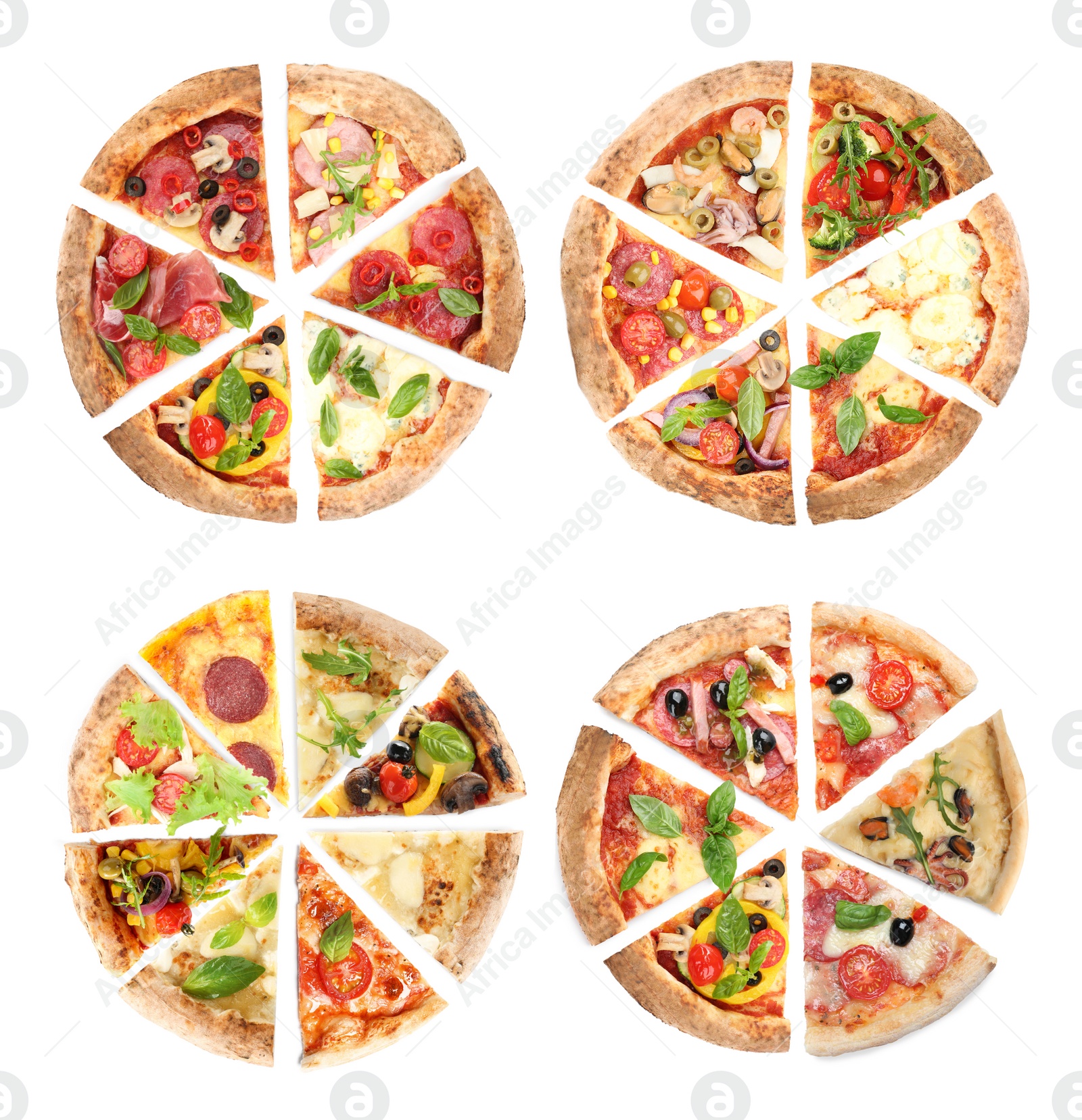 Image of Set with slices of different pizzas on white background, top view 