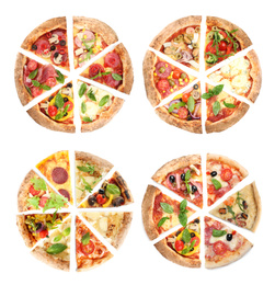 Image of Set with slices of different pizzas on white background, top view 