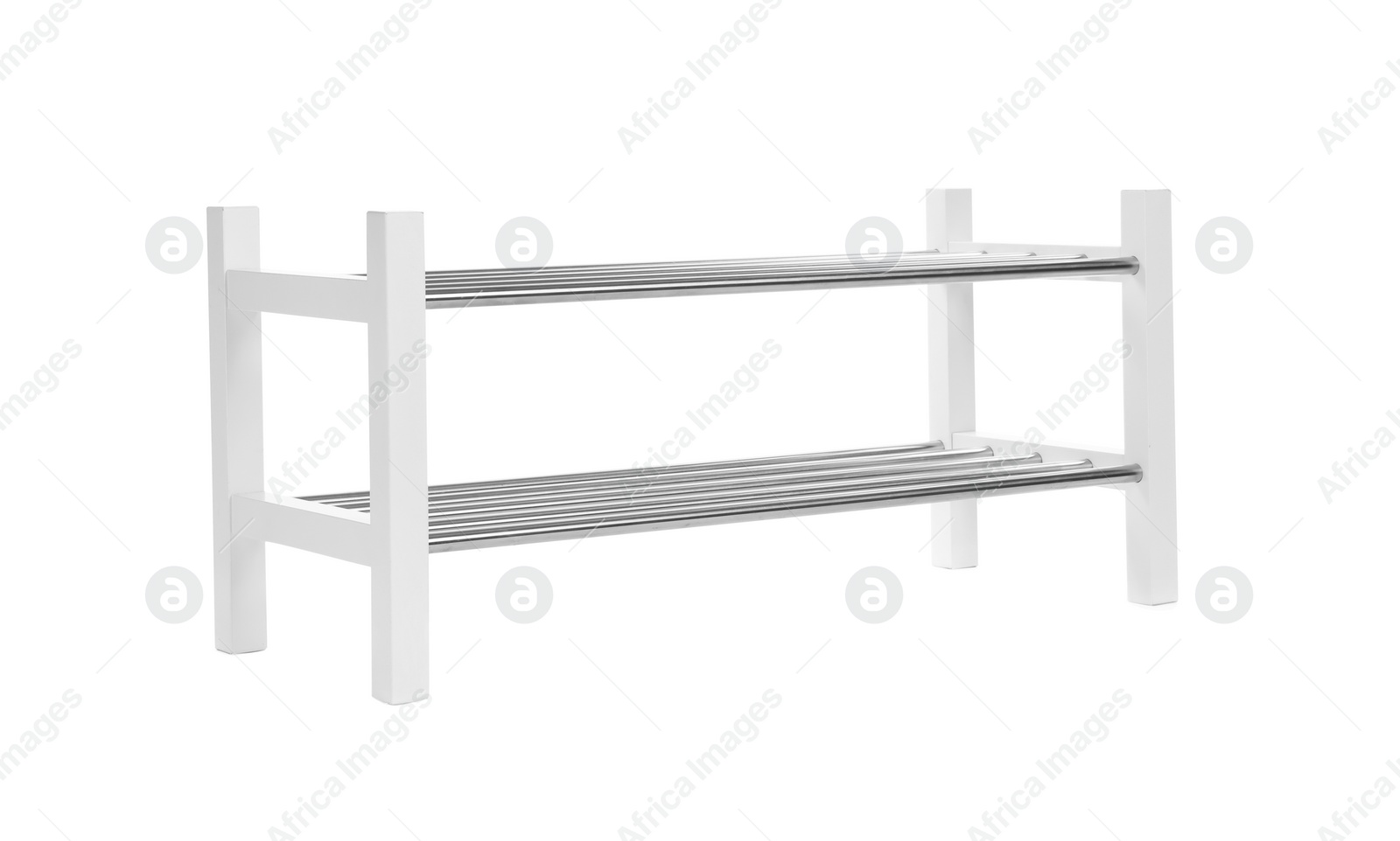 Photo of Empty wooden shoe shelf isolated on white