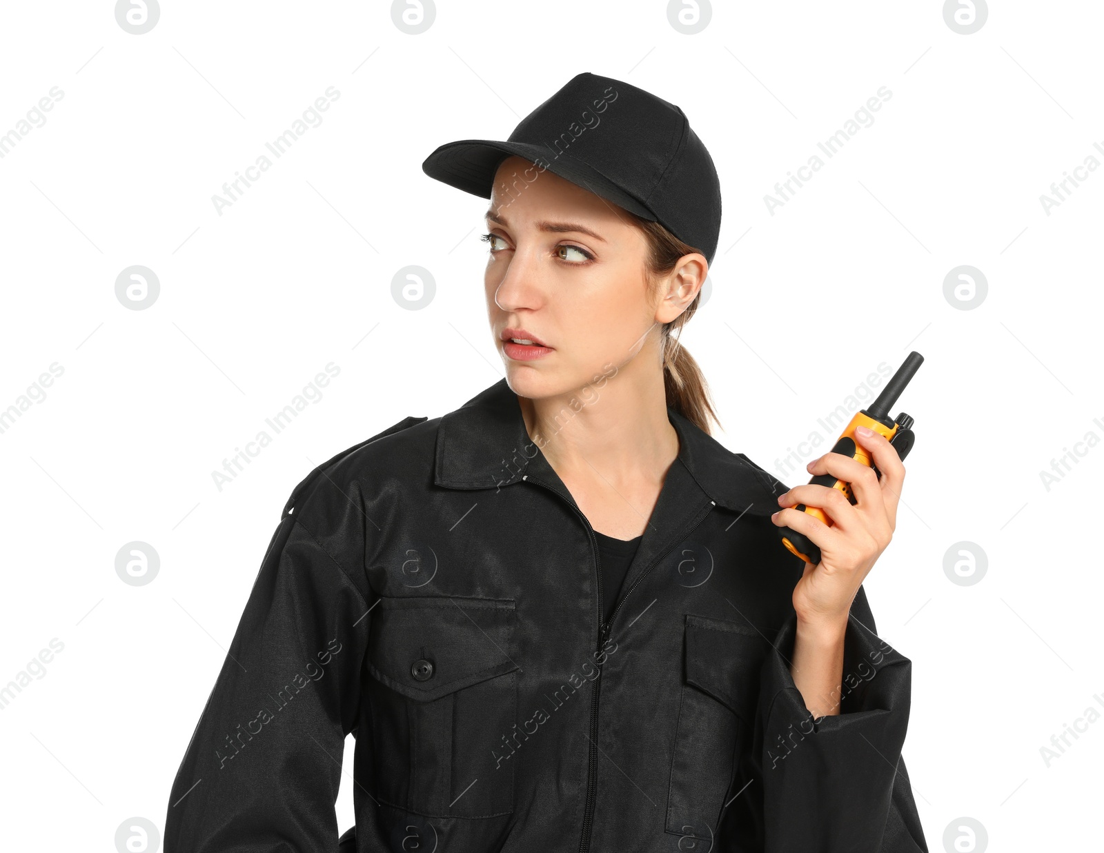 Photo of Female security guard in uniform using portable radio transmitter on white background