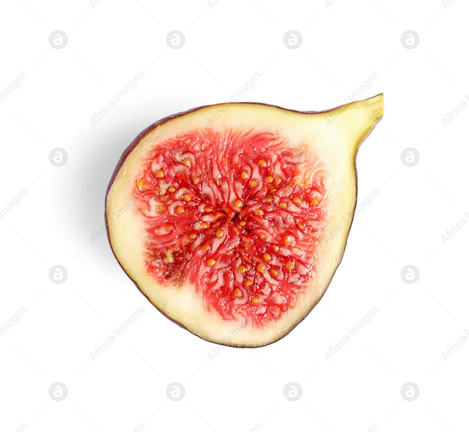 Photo of Half of fresh fig isolated on white, top view