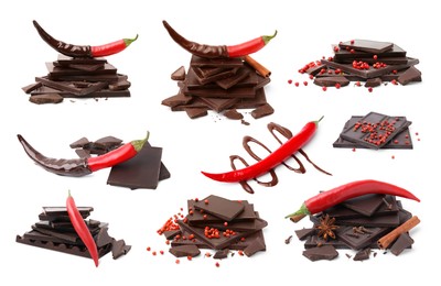 Image of Collage with delicious chocolate, red peppercorns and chili peppers on white background