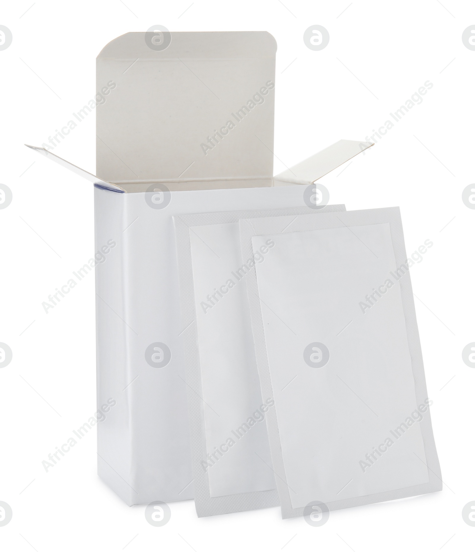 Photo of Medicine sachets and box on white background