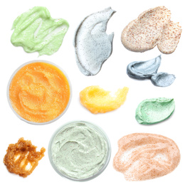 Set with different samples and containers of natural scrubs on white background, top view  