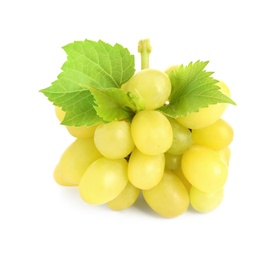 Photo of Bunch of green grapes with fresh leaves isolated on white
