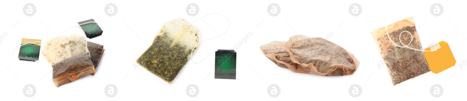 Image of Set with used tea bags on white background. Banner design