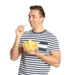 Photo of Man eating potato chips on white background