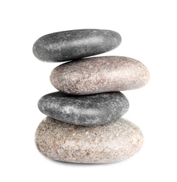 Photo of Stack of zen spa stones on white background