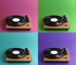 Image of Collage of turntables with vinyl records on different color backgrounds