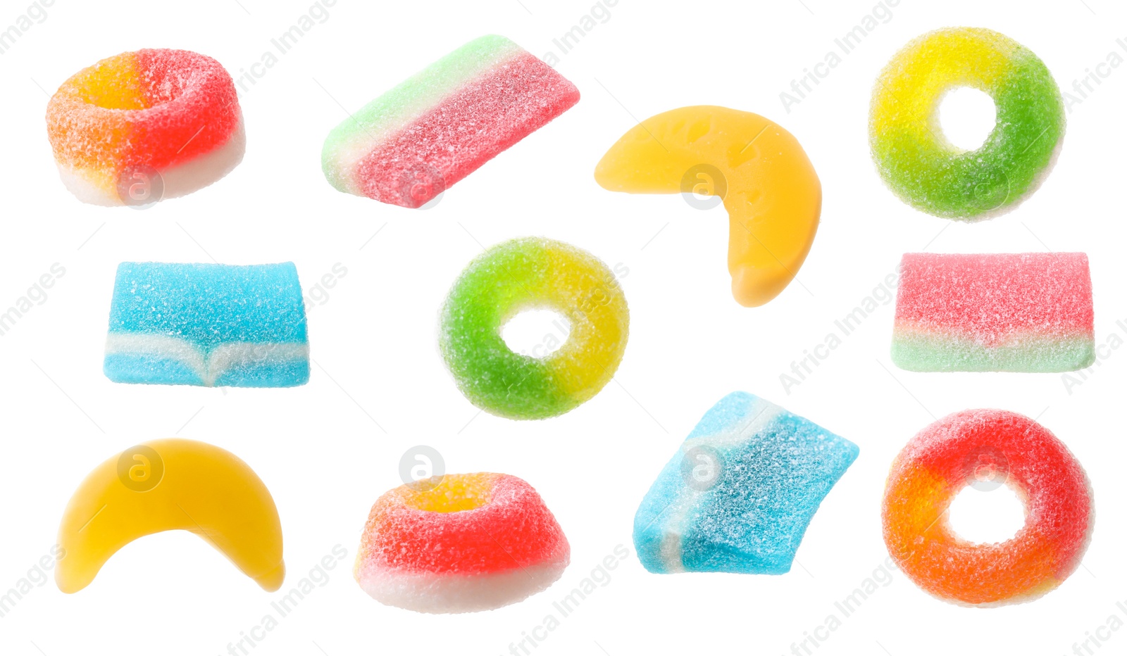 Image of Set of different tasty gummy candies on white background. Jelly sweet