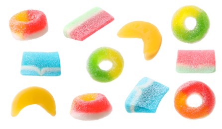 Set of different tasty gummy candies on white background. Jelly sweet