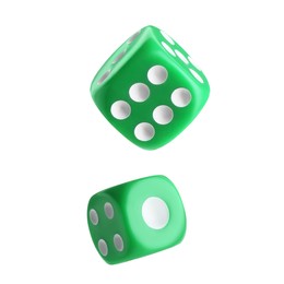 Image of Two green dice in air on white background