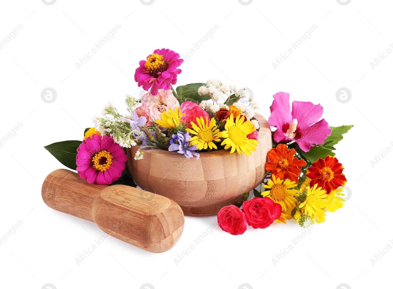 Photo of Wooden mortar with different flowers and pestle on white background