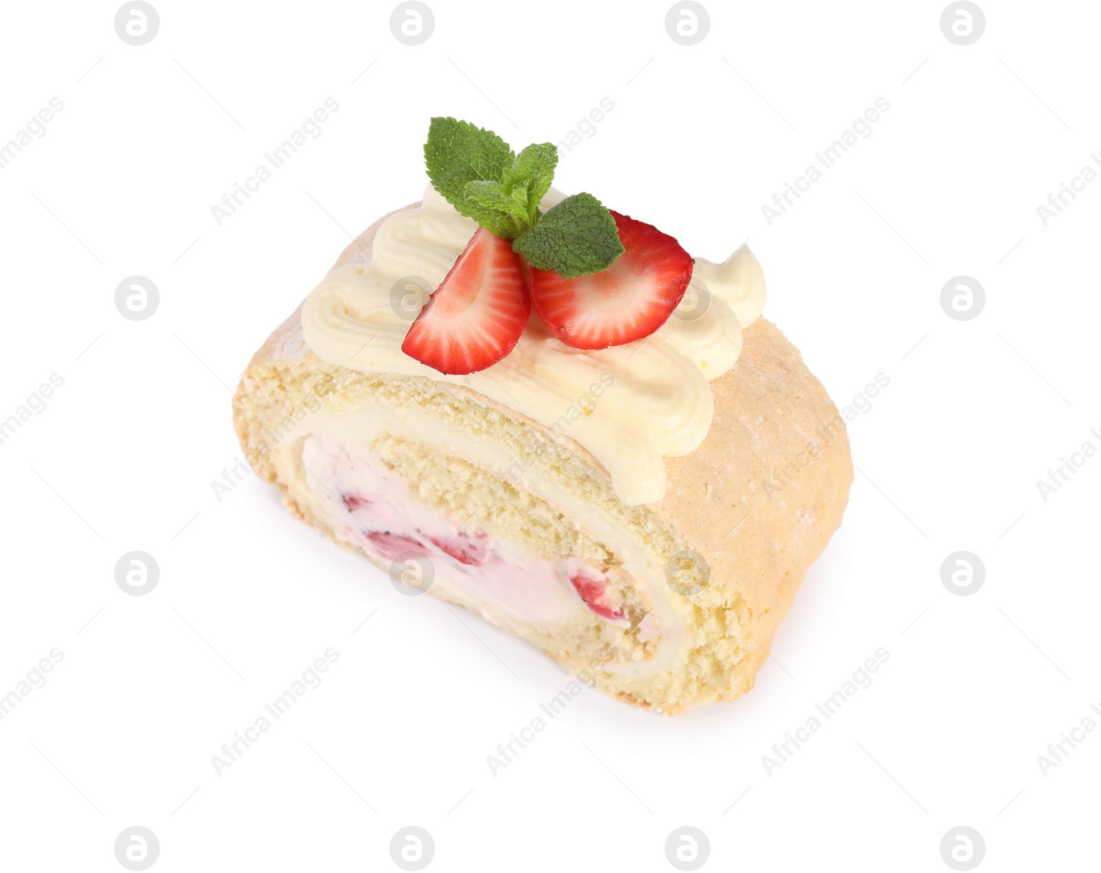 Photo of Piece of delicious cake roll with strawberries and cream isolated on white