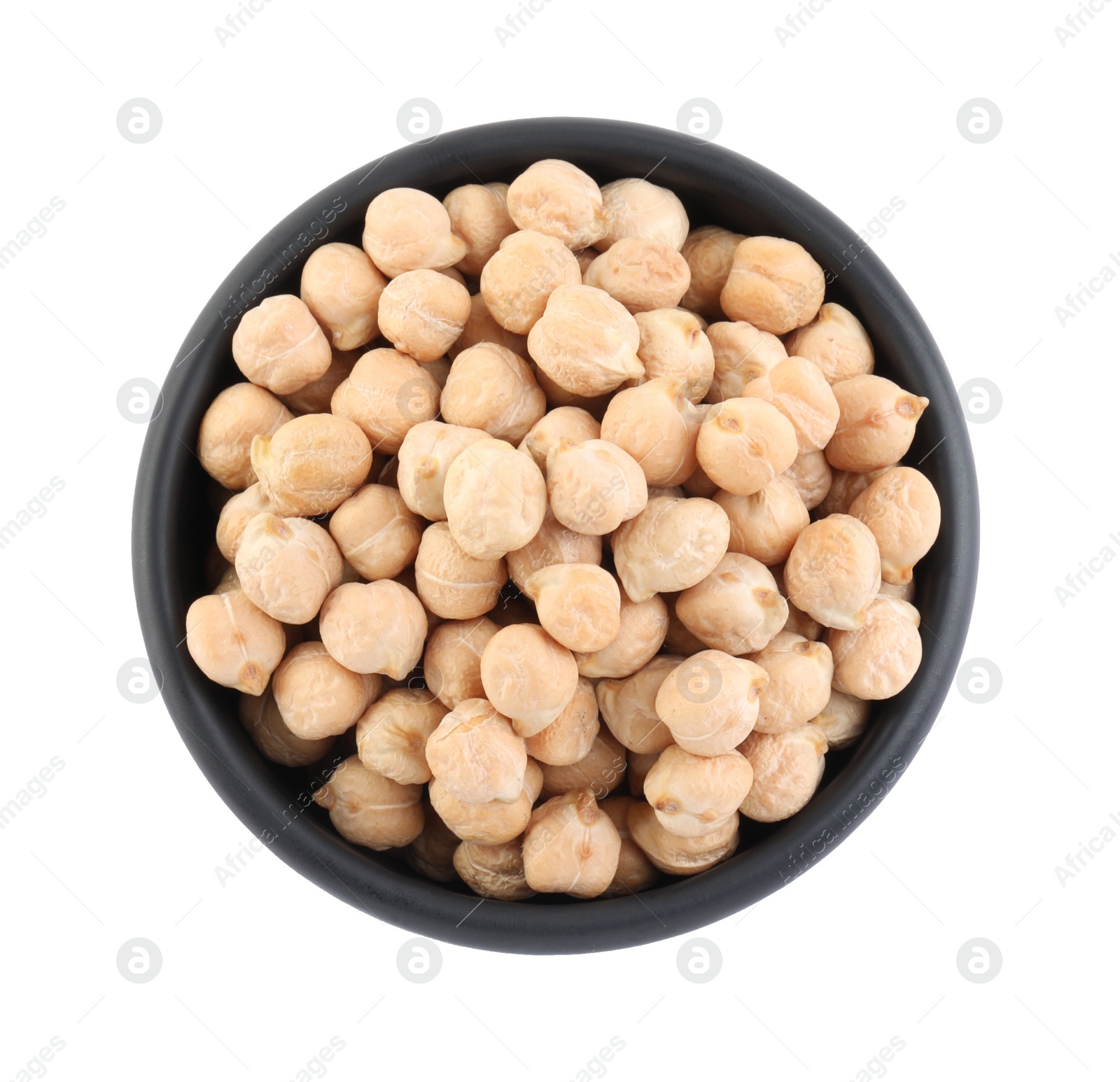 Photo of Chickpeas in bowl on white background, top view. Natural food