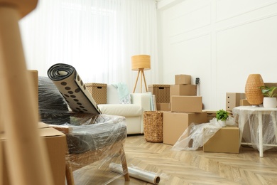 Photo of Cardboard boxes, potted plants and household stuff indoors. Moving day