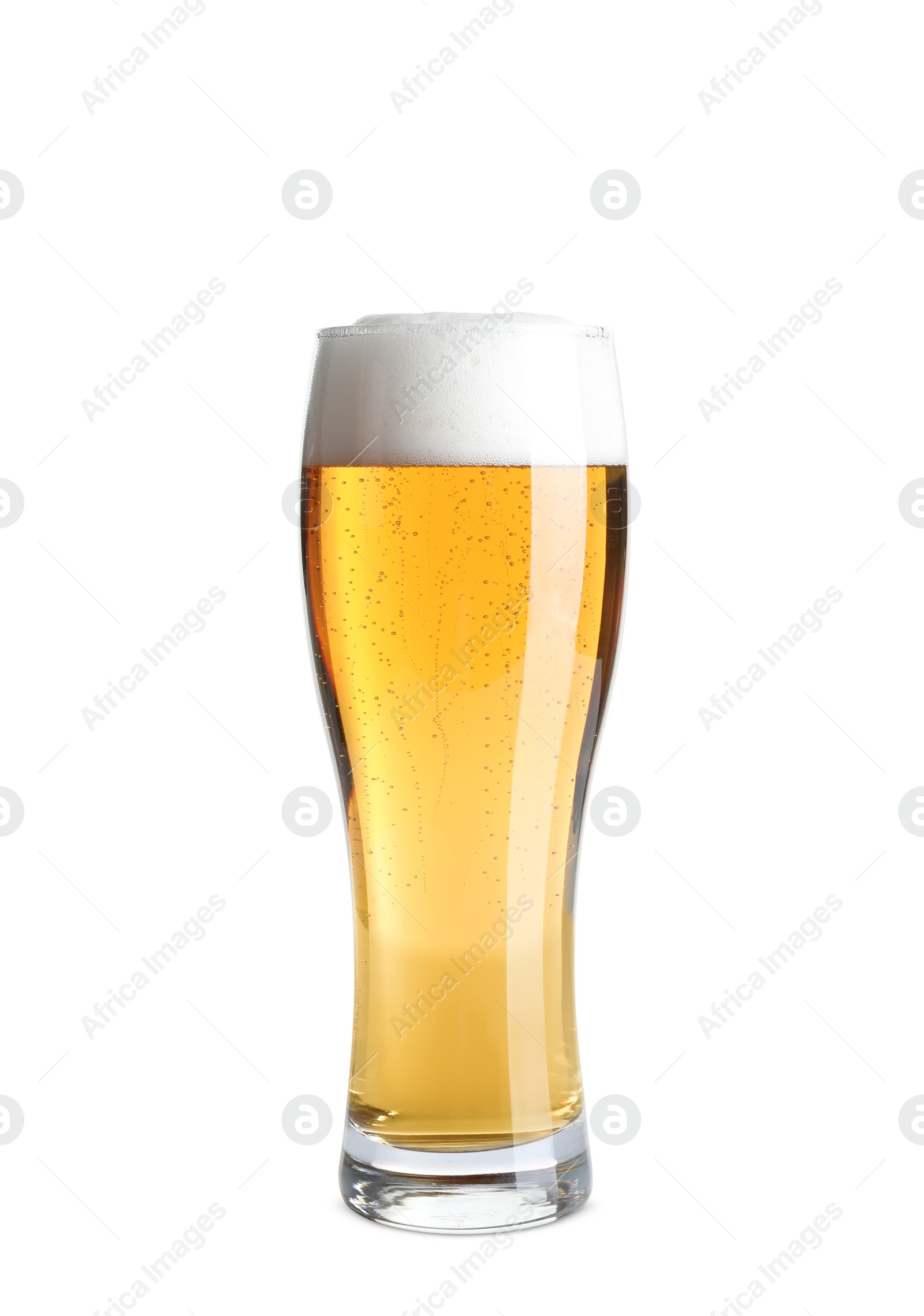 Photo of Glass of cold tasty beer on white background