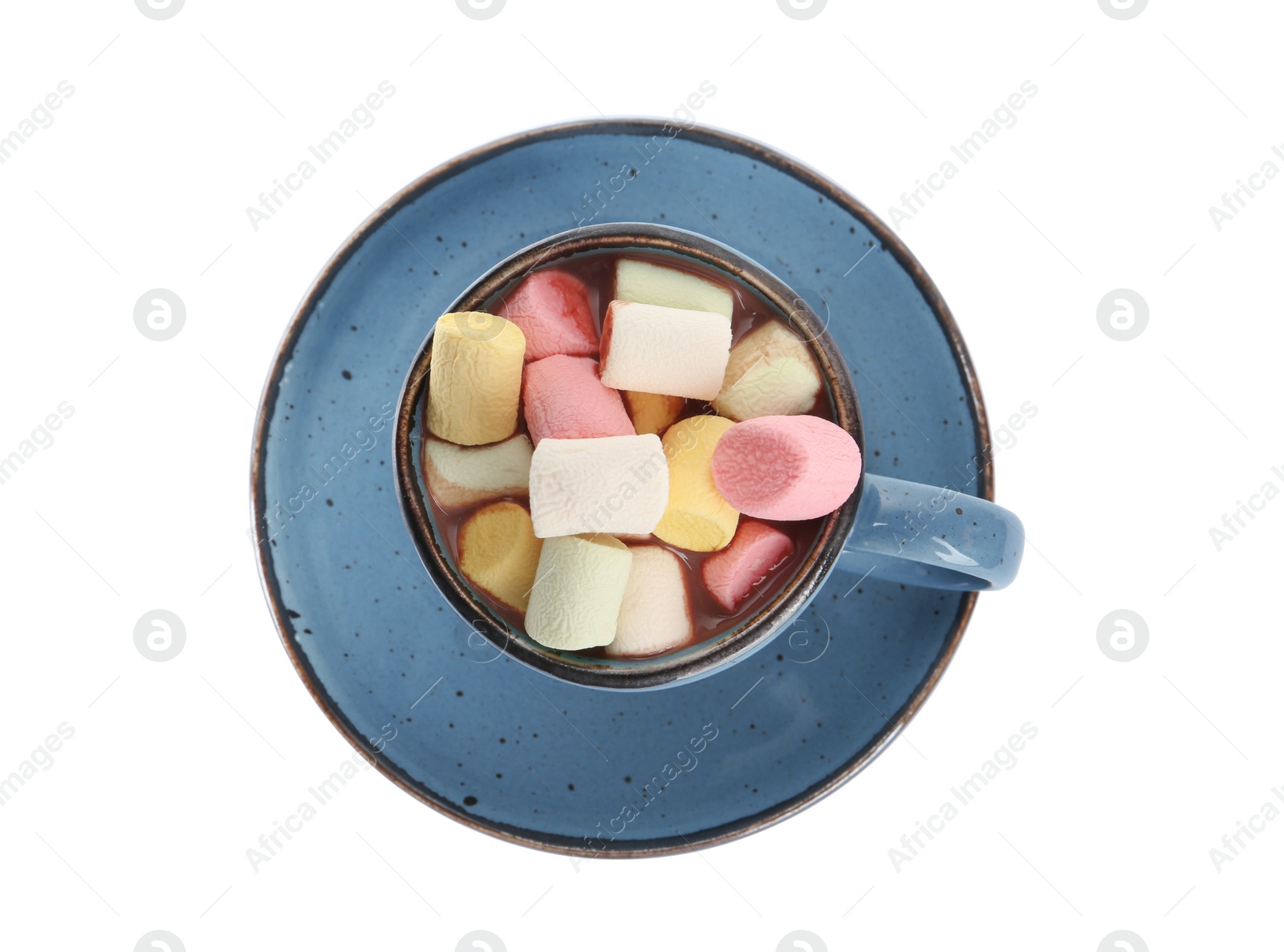 Photo of Cup of delicious hot chocolate with marshmallows isolated on white, top view