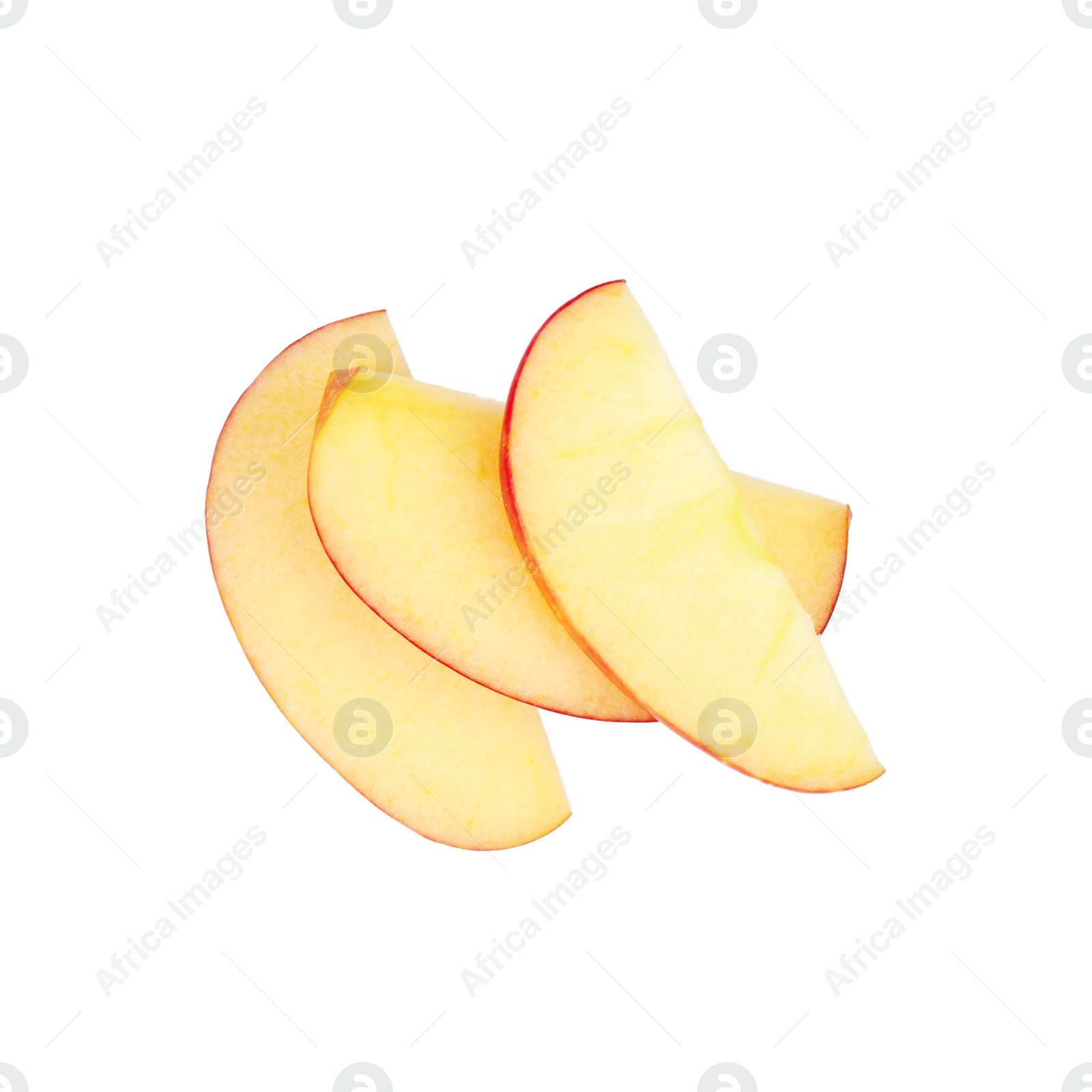 Photo of Slices of ripe juicy red apple on white background, top view