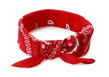 Photo of Tied red bandana with paisley pattern isolated on white