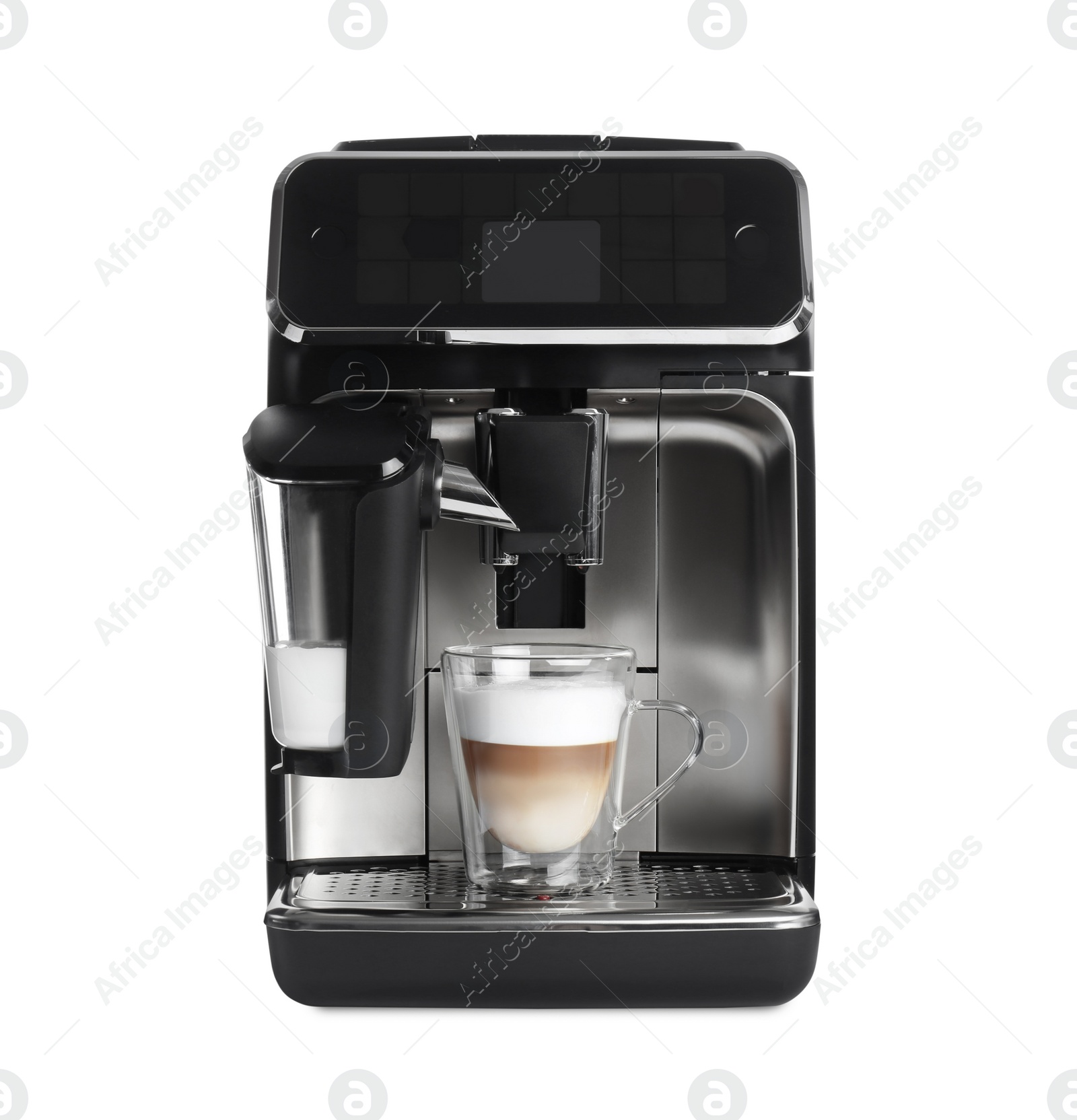 Photo of Modern coffee machine with cup of cappuccino isolated on white