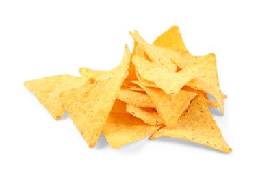 Tasty Mexican nachos chips on white background