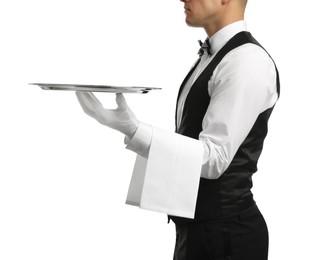 Elegant butler holding silver tray isolated on white, closeup