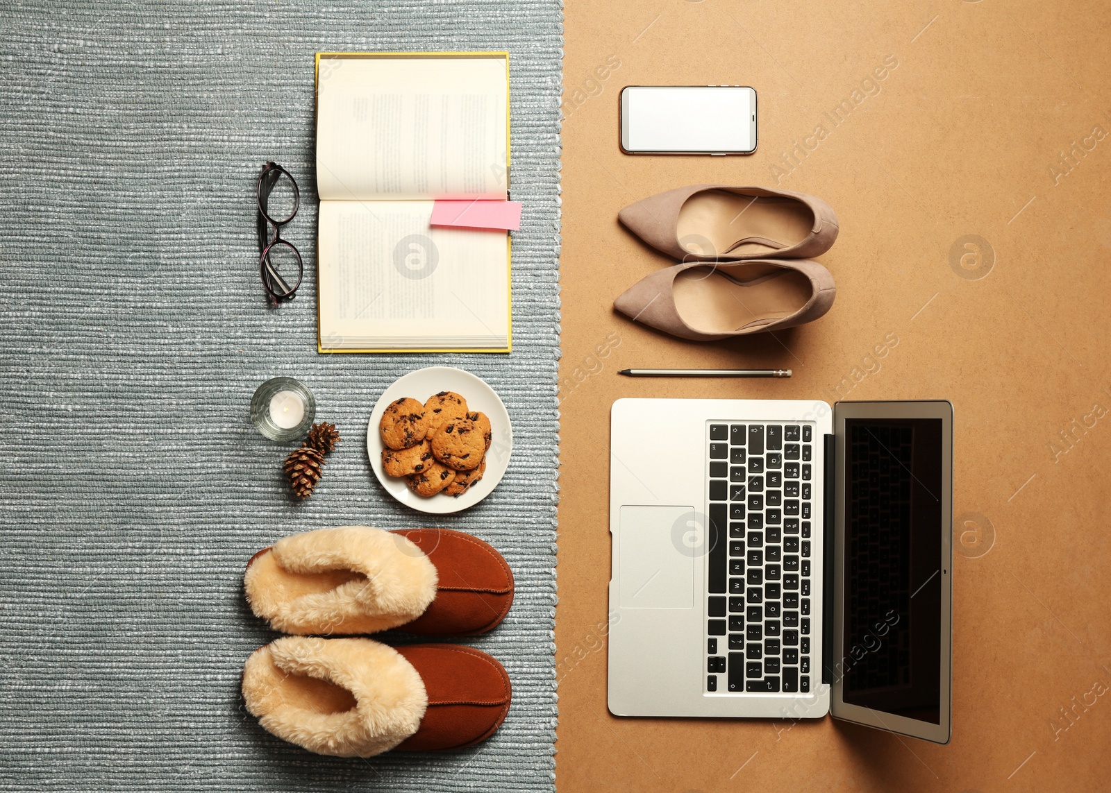 Photo of Flat lay composition with business items and home accessories on color background. Concept of balance between work and life