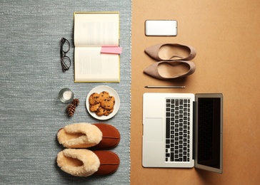 Photo of Flat lay composition with business items and home accessories on color background. Concept of balance between work and life