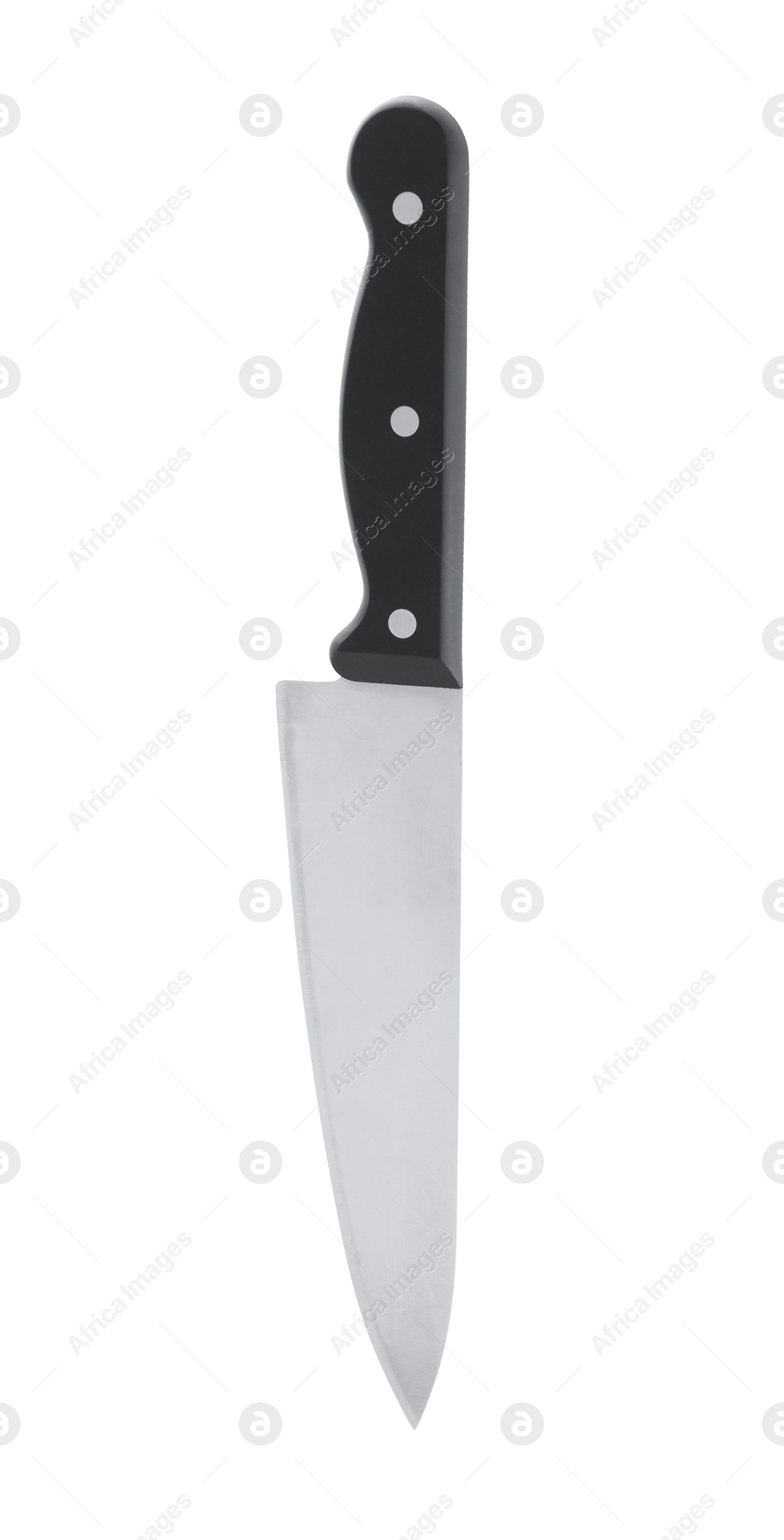 Photo of Clean shiny metal knife isolated on white, top view