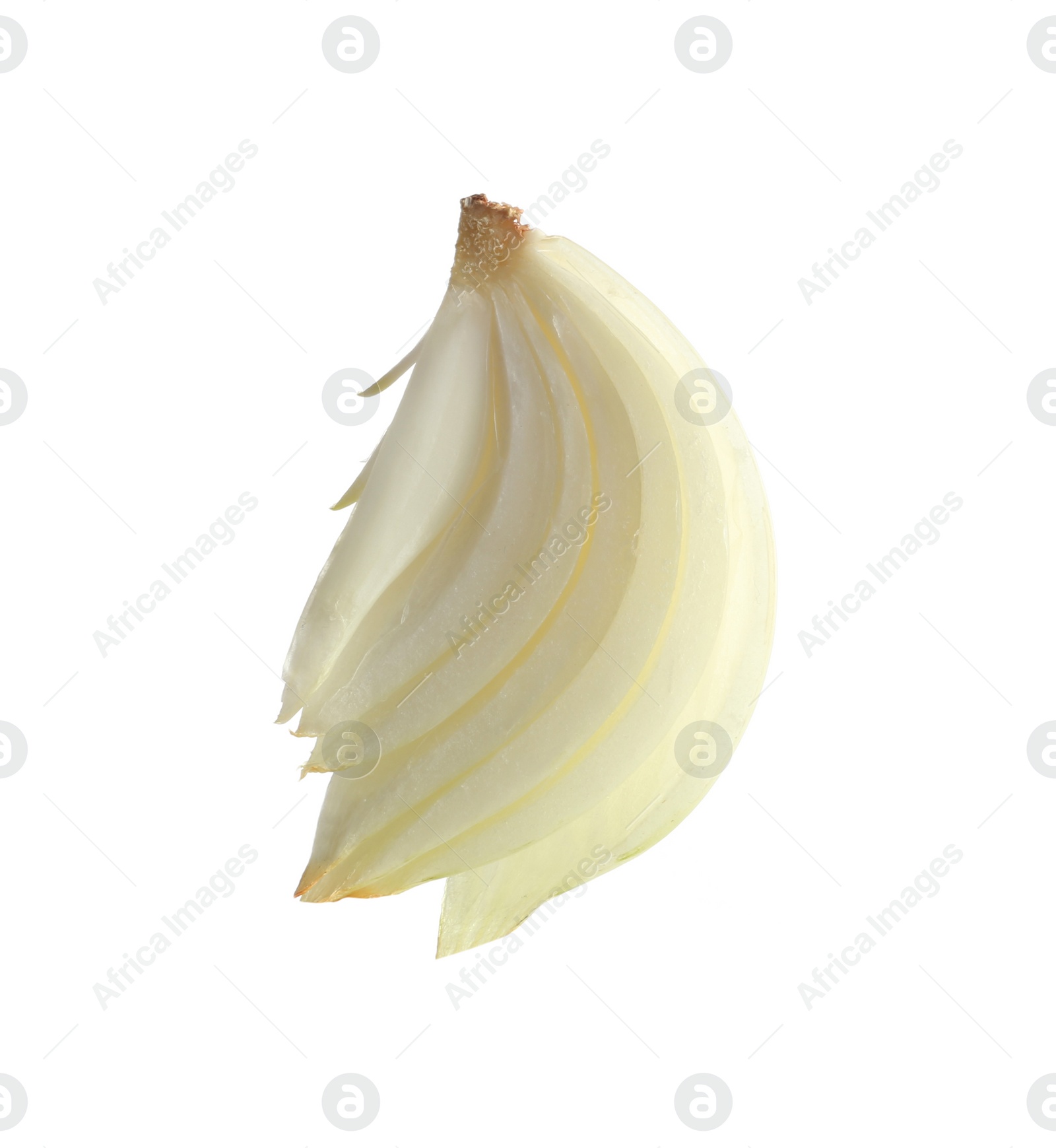 Photo of Slice of fresh ripe onion on white background