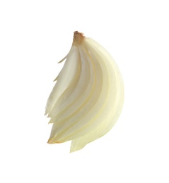 Photo of Slice of fresh ripe onion on white background