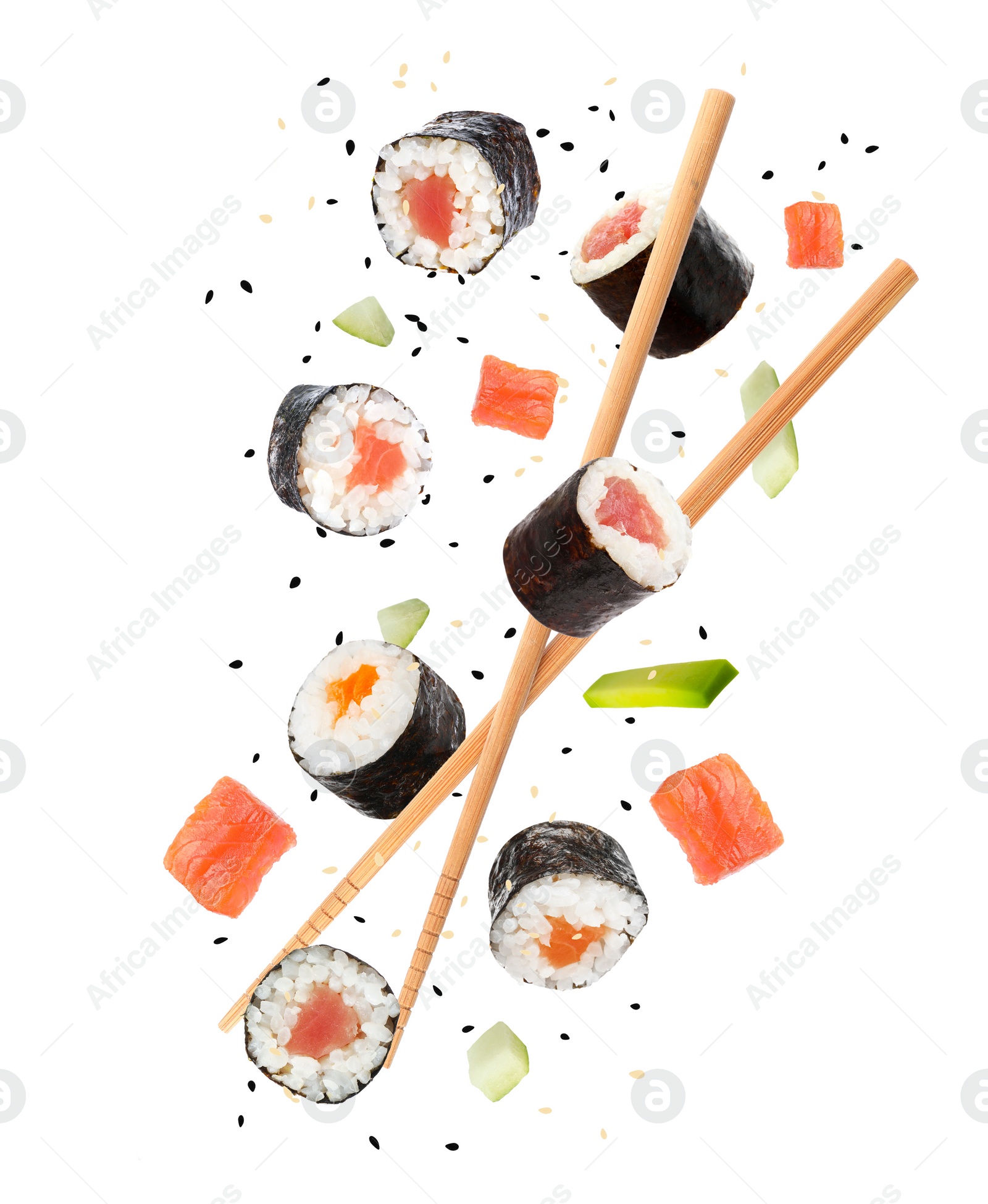 Image of Sushi rolls and wooden chopsticks flying on white background