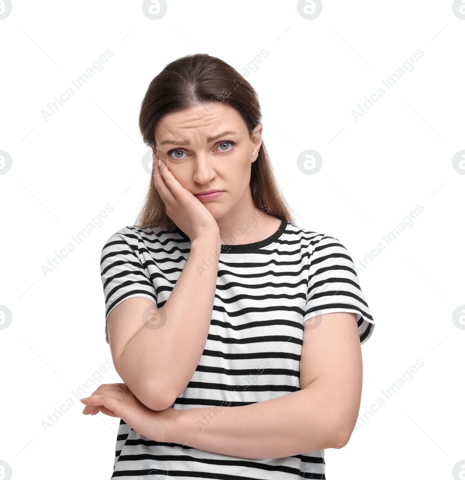 Photo of Portrait of sad woman on white background