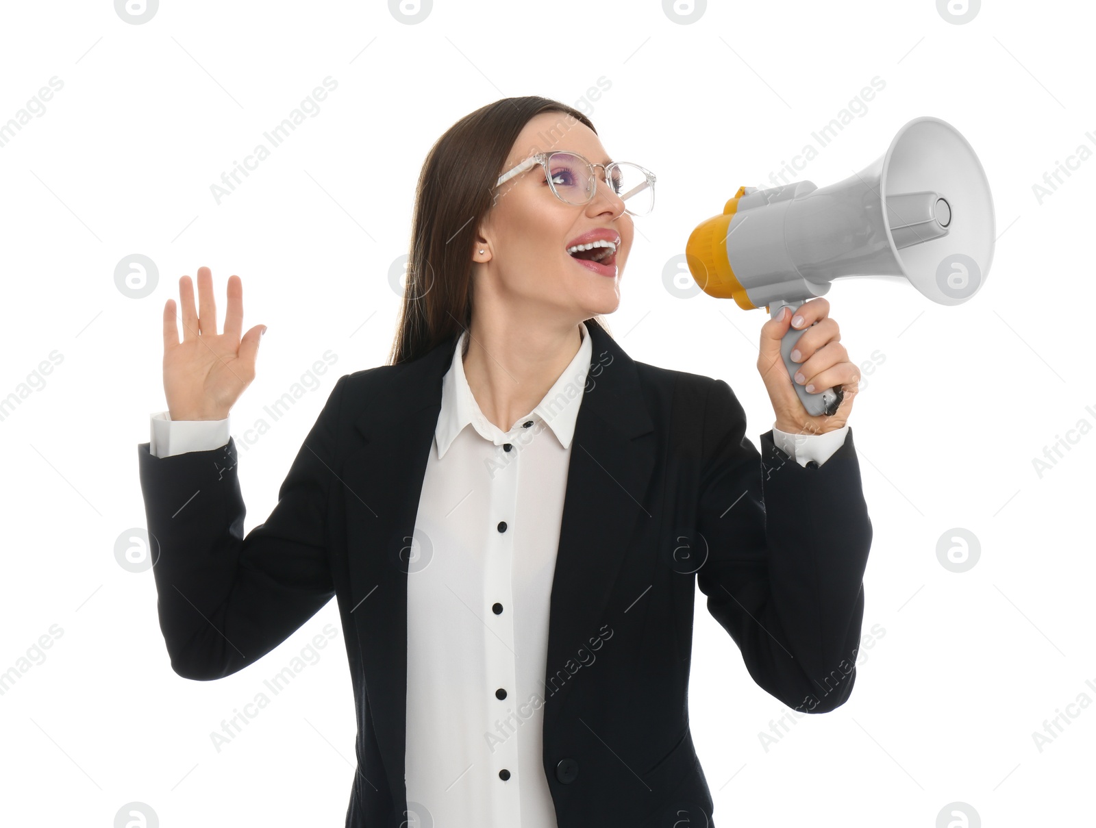 Photo of Young woman with megaphone on white background