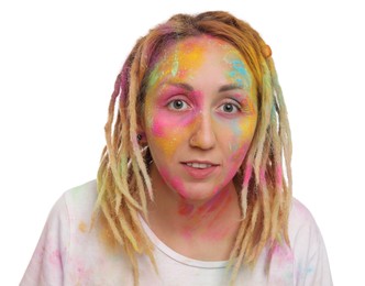 Woman covered with colorful powder dyes on white background. Holi festival celebration