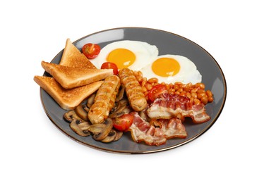 Plate with fried eggs, sausages, mushrooms, beans, bacon and toasted bread isolated on white. Traditional English breakfast