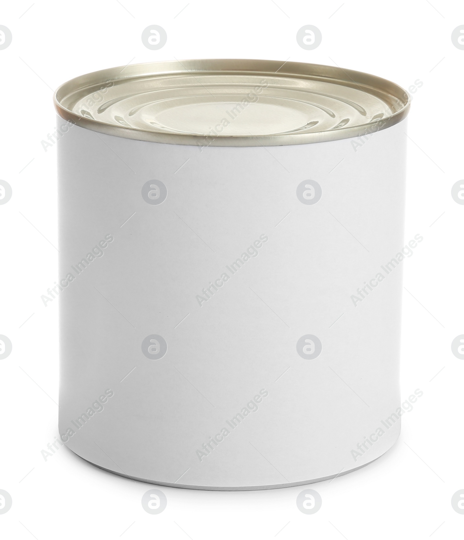 Photo of Closed tin can isolated on white, mockup for design