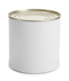 Closed tin can isolated on white, mockup for design