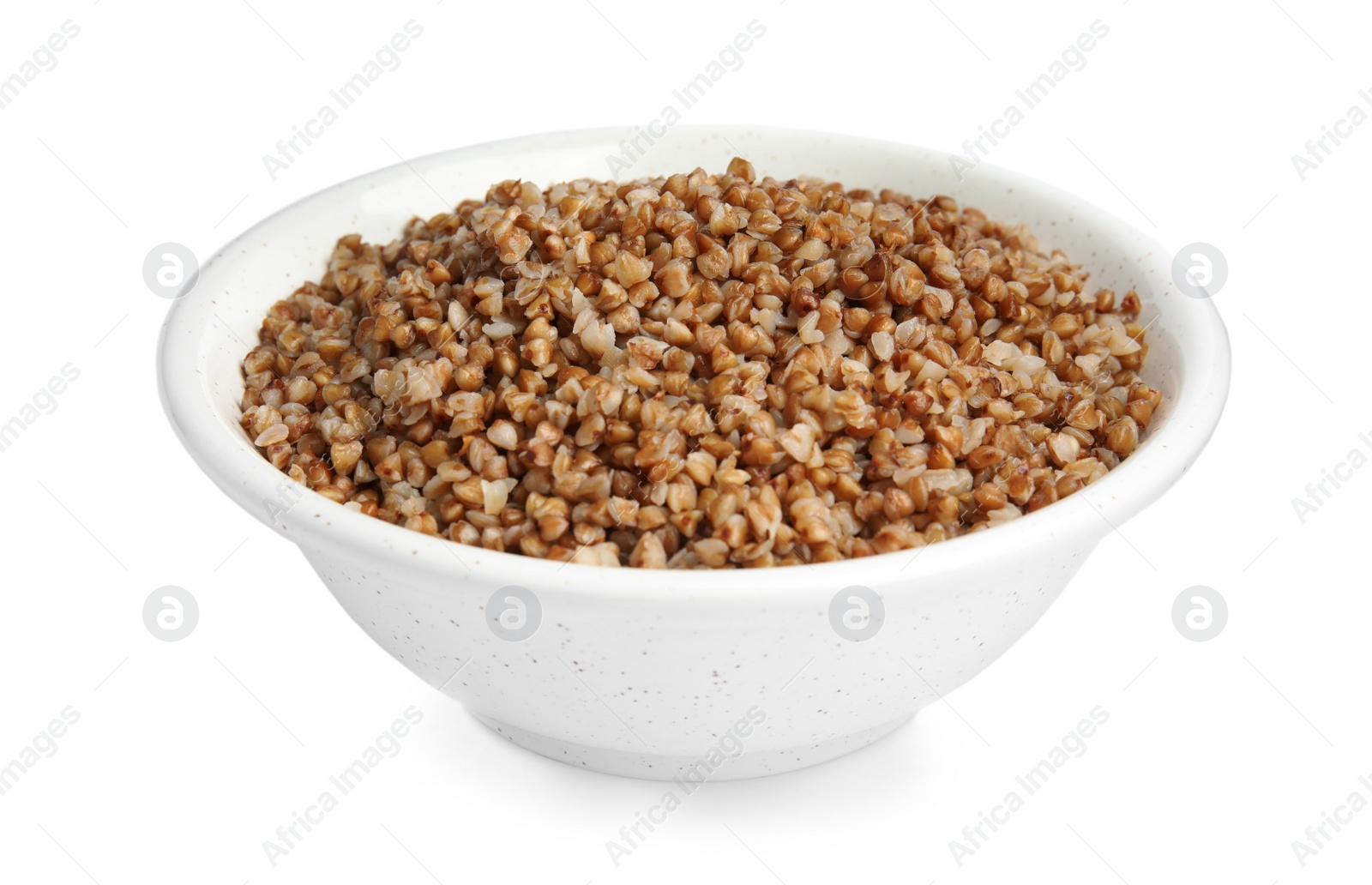 Photo of Bowl of buckwheat porridge isolated on white