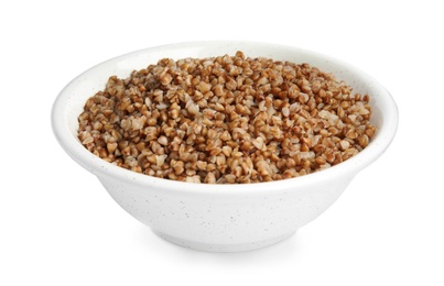 Bowl of buckwheat porridge isolated on white