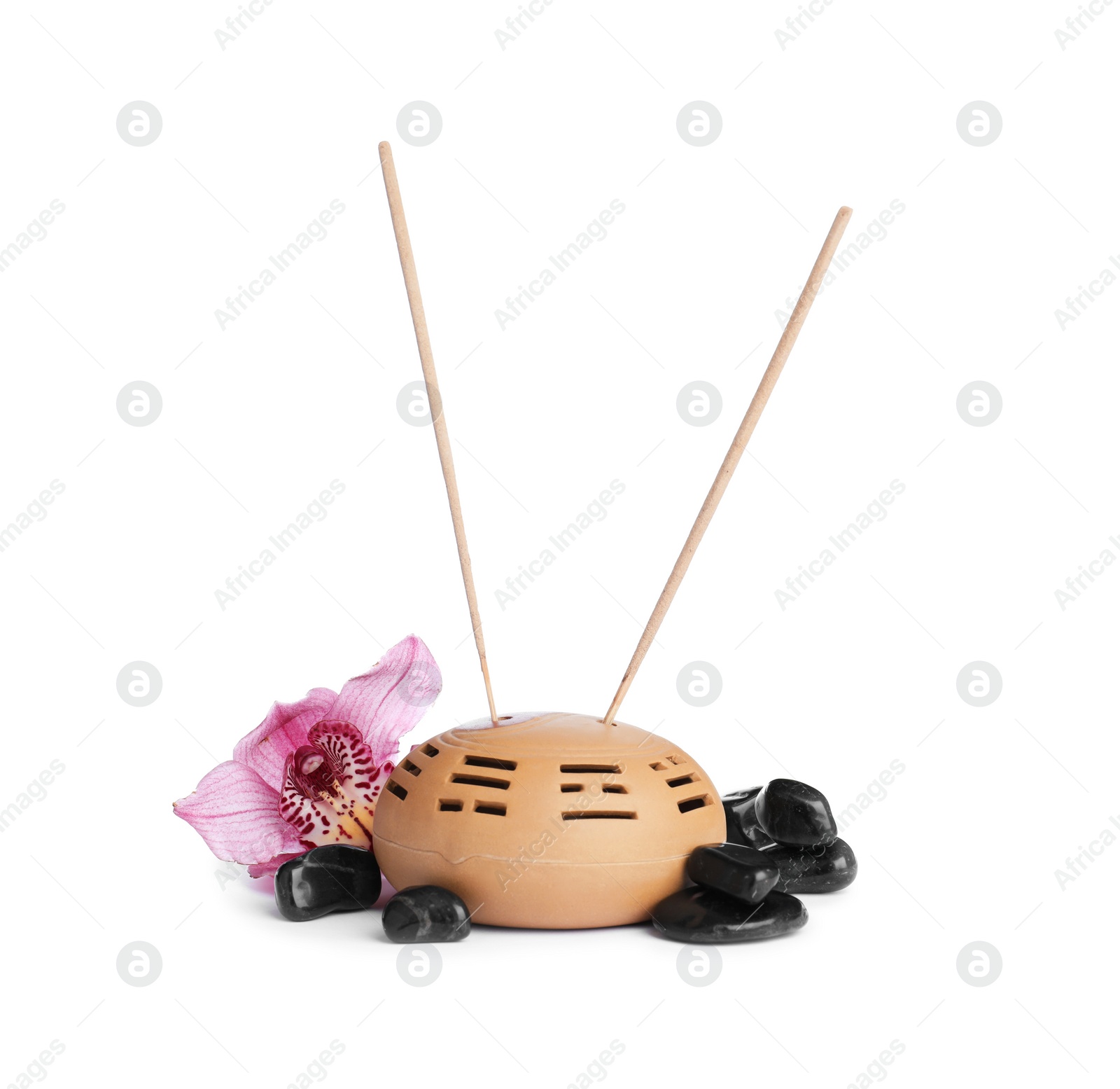 Photo of Aromatic incense sticks, spa stones and orchid flower on white background