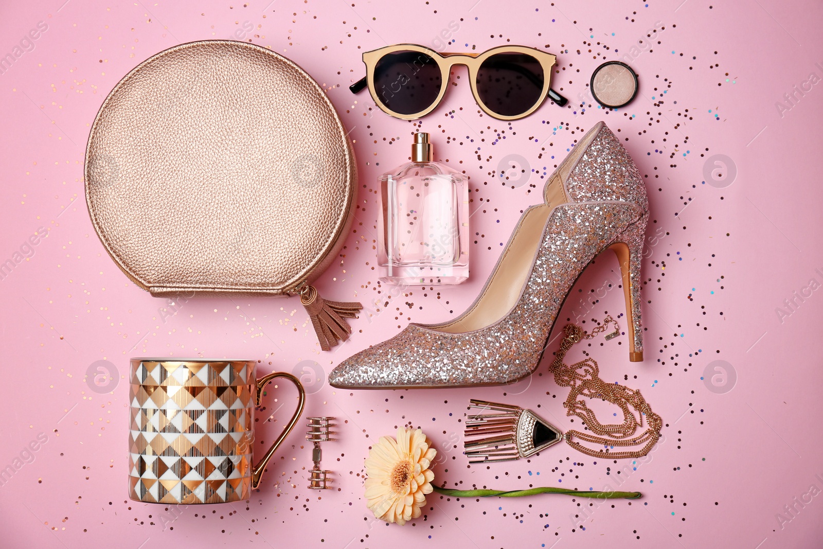 Photo of Flat lay composition with stylish accessories on color background