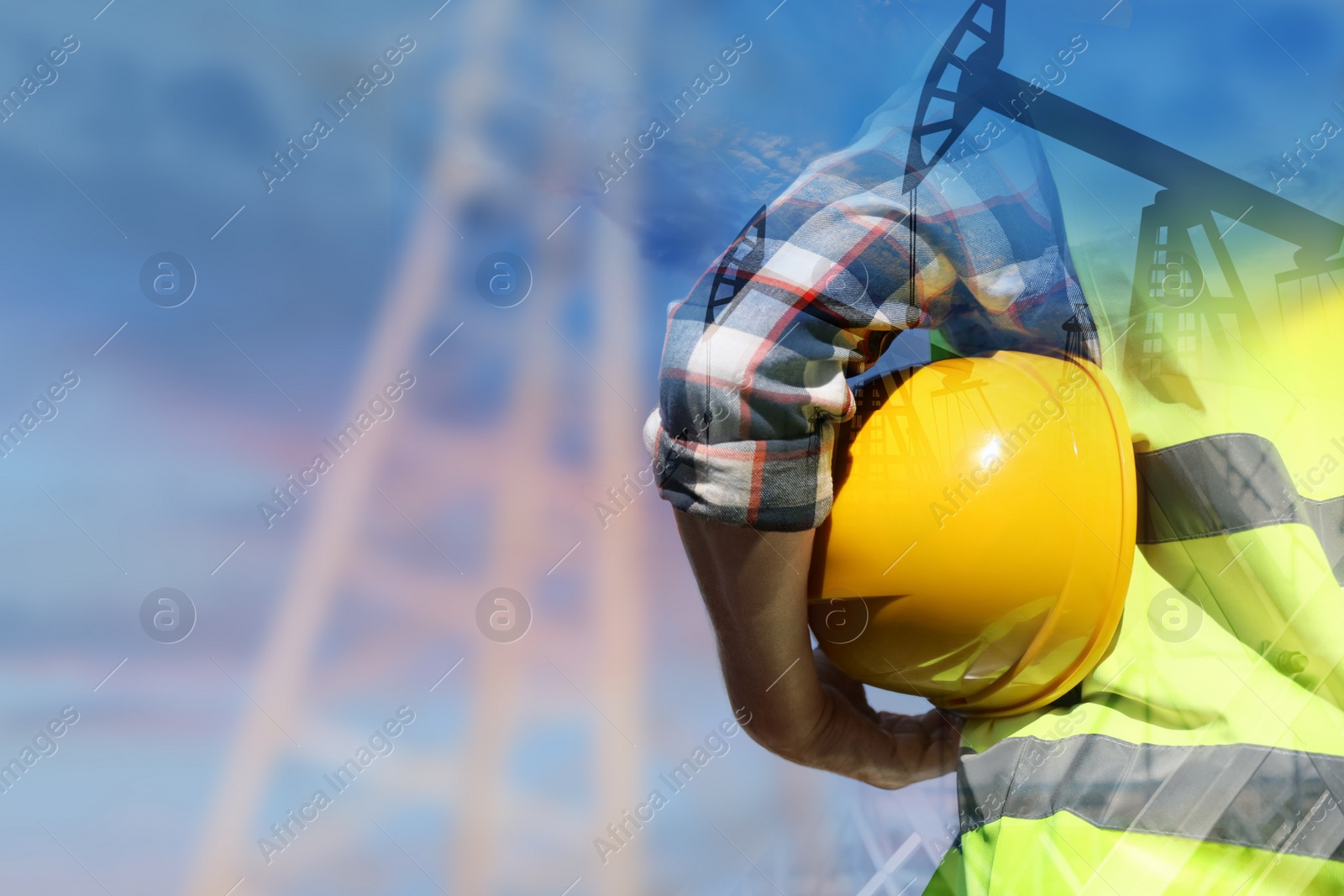 Image of Double exposure of man wearing uniform and crude oil pump. Space for text
