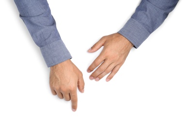 Man on white background, top view. Closeup of hands