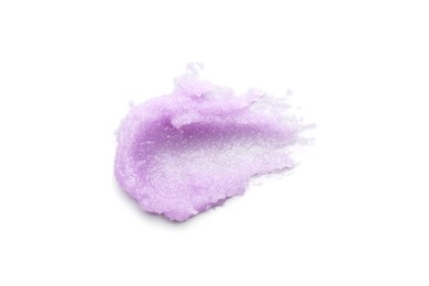 Photo of Smear of violet body scrub isolated on white, top view