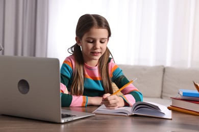 Photo of E-learning. Cute girl taking notes during online lesson at table indoors