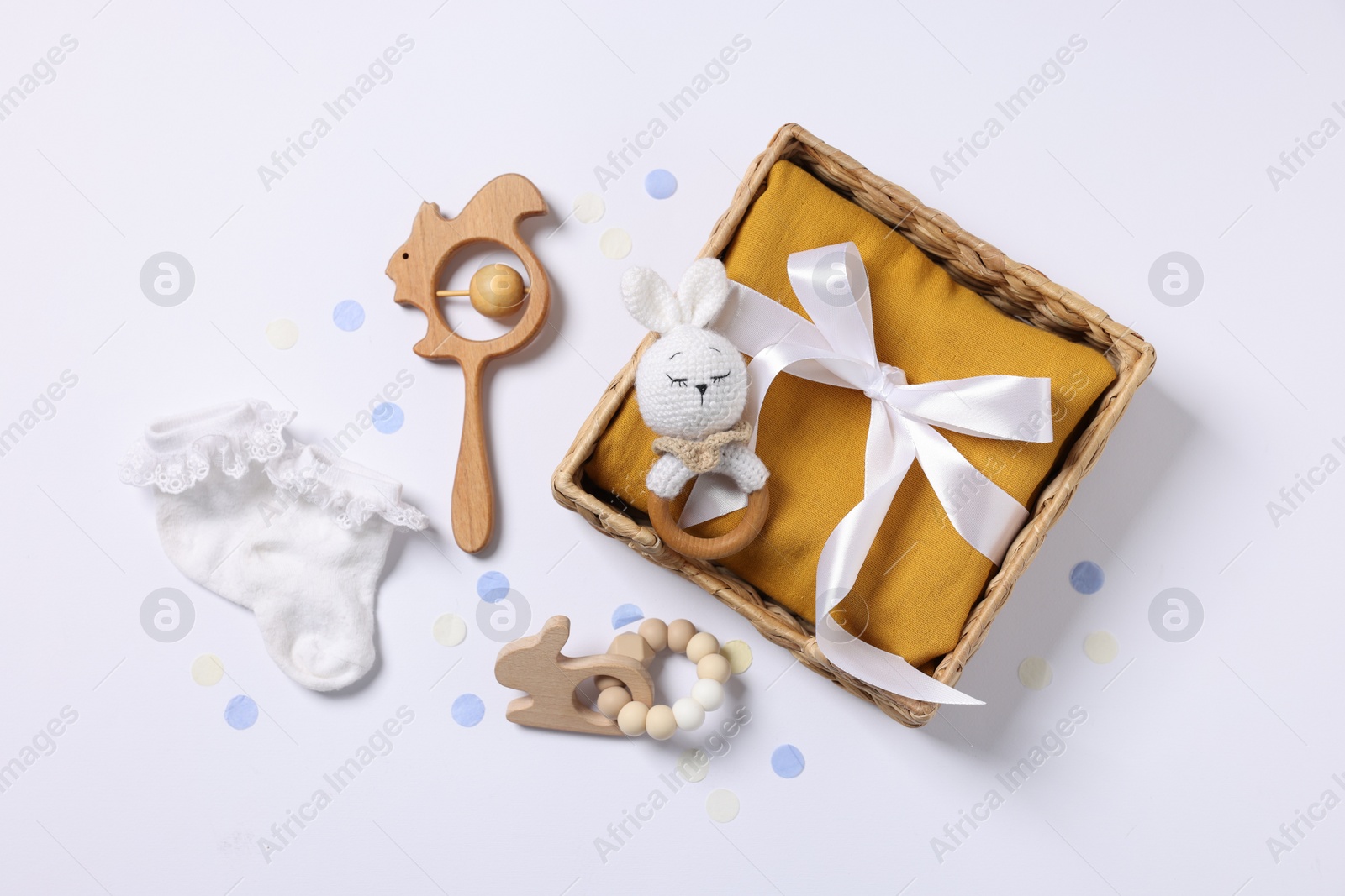 Photo of Flat lay composition with different baby accessories on white background