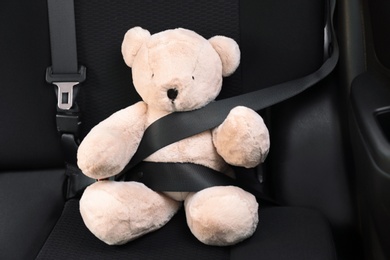Child's toy bear buckled with safety belt on car backseat. Prevention of danger