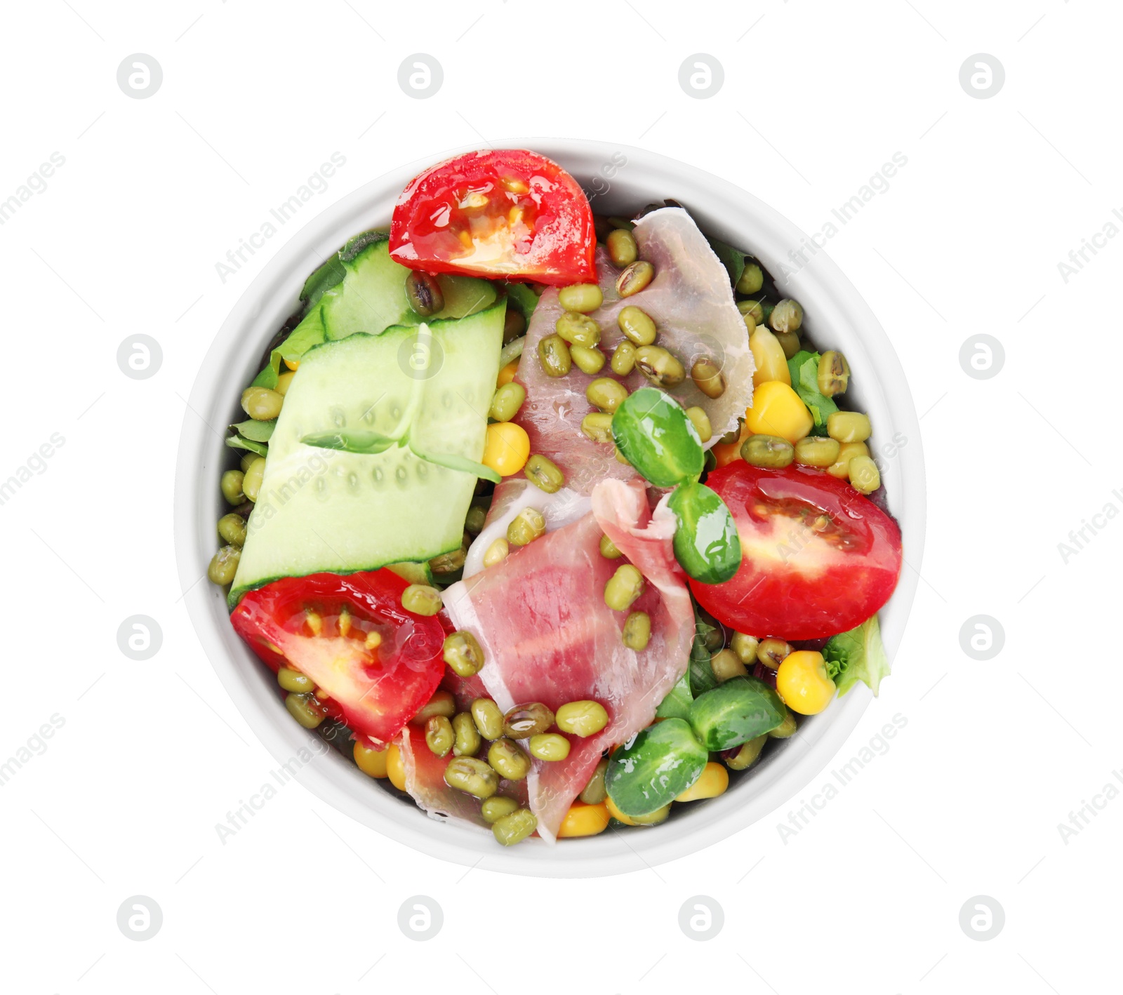 Photo of Bowl of salad with mung beans isolated on white, top view